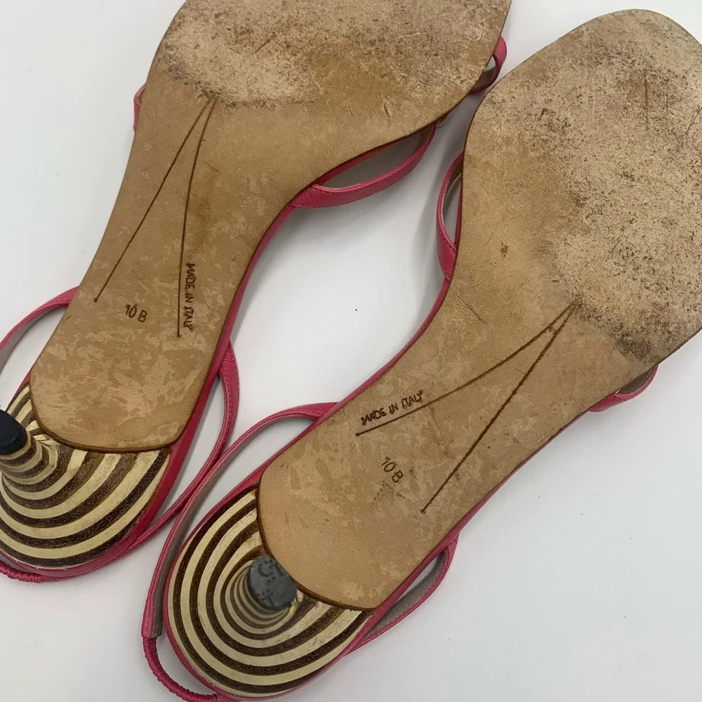 ❤️ Kate Spade ❤️Pink White Bow Strappy Sandals Wooden Kitten Heels Shoes 10B - Picture 7 of 8